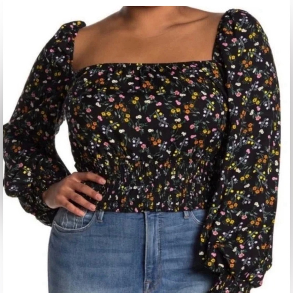 AFRM Soph Spring Garden Ditsy black long sleeve smocked waist